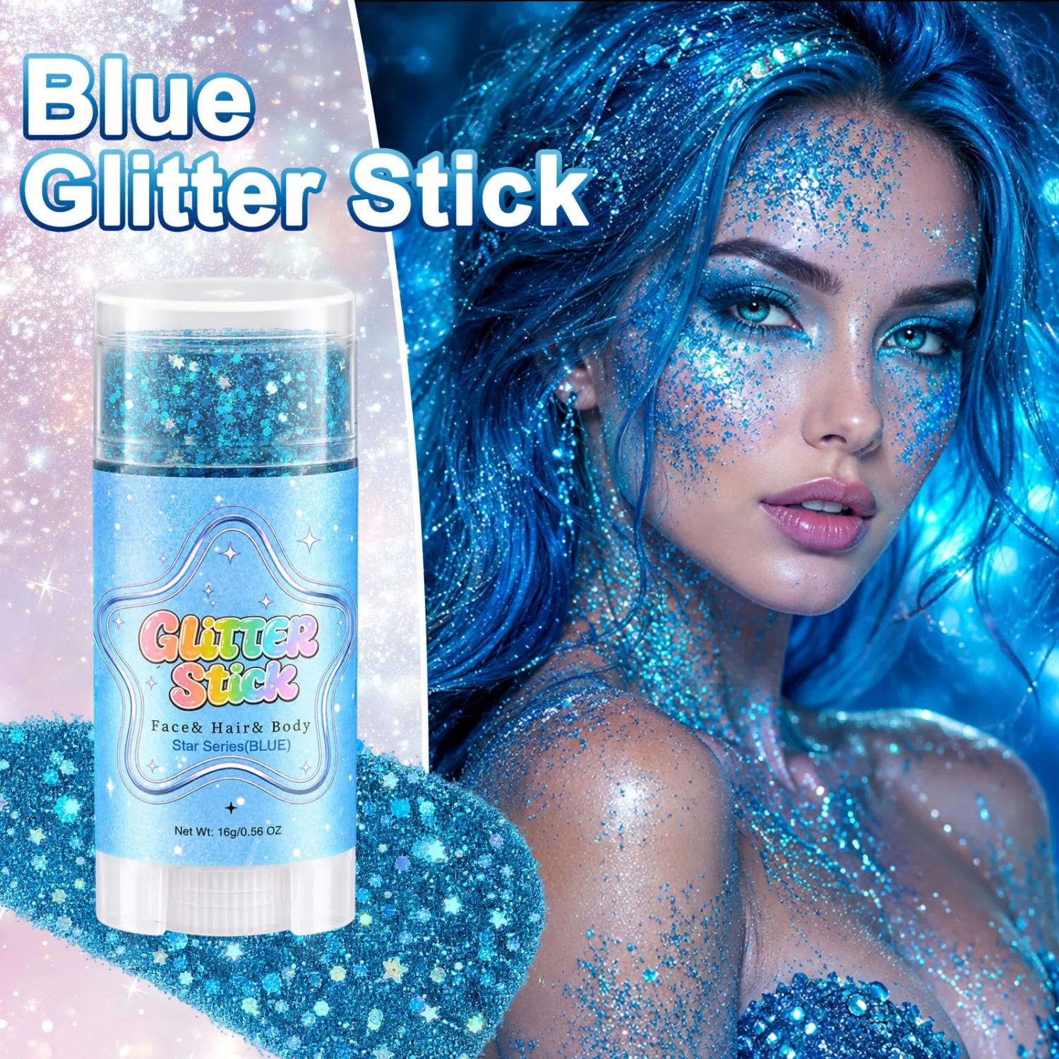 Blue Glitter Stick,Holographic Body Face Glitter,Sequins Glitter Face Paint