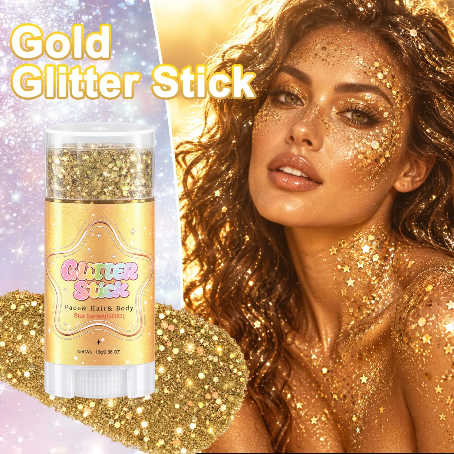 Gold Glitter Stick,Holographic Body Face Glitter,Sequins Glitter Face Paint