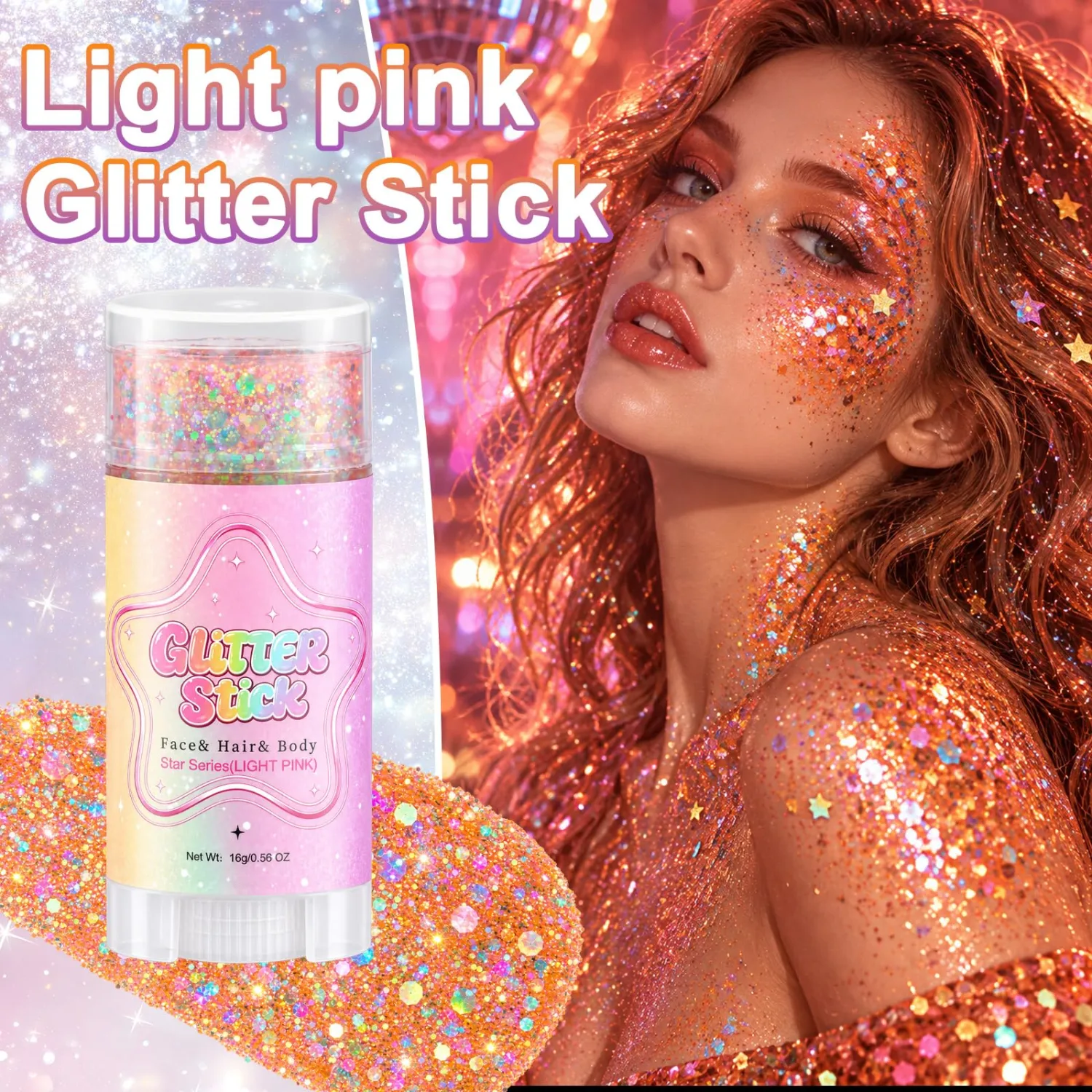 Body Glitter Stick,Holographic Body Face Glitter,Glitter Makeup(Light Pink)