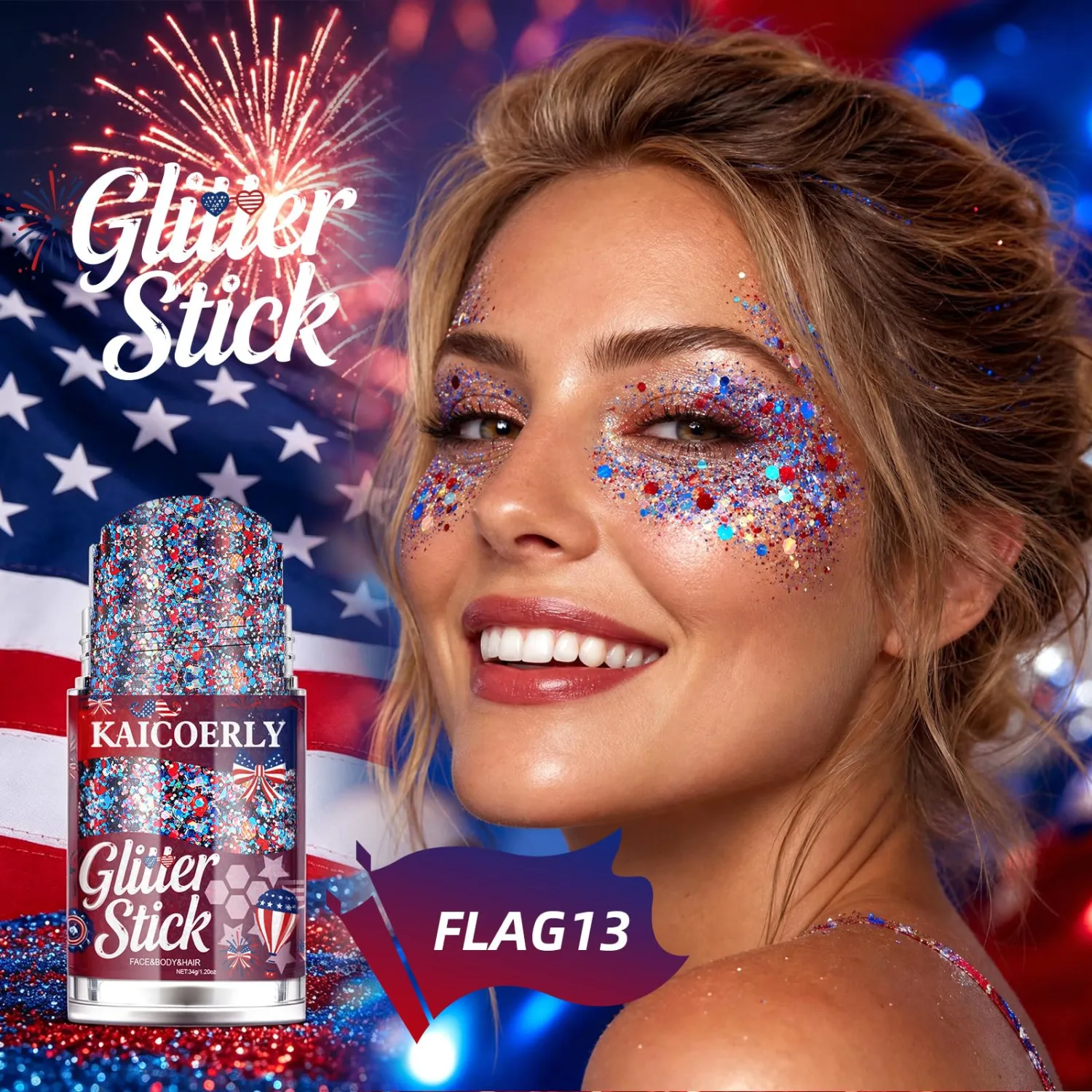 Patriotic Face Body Glitter Stick, Red White and Blue #13