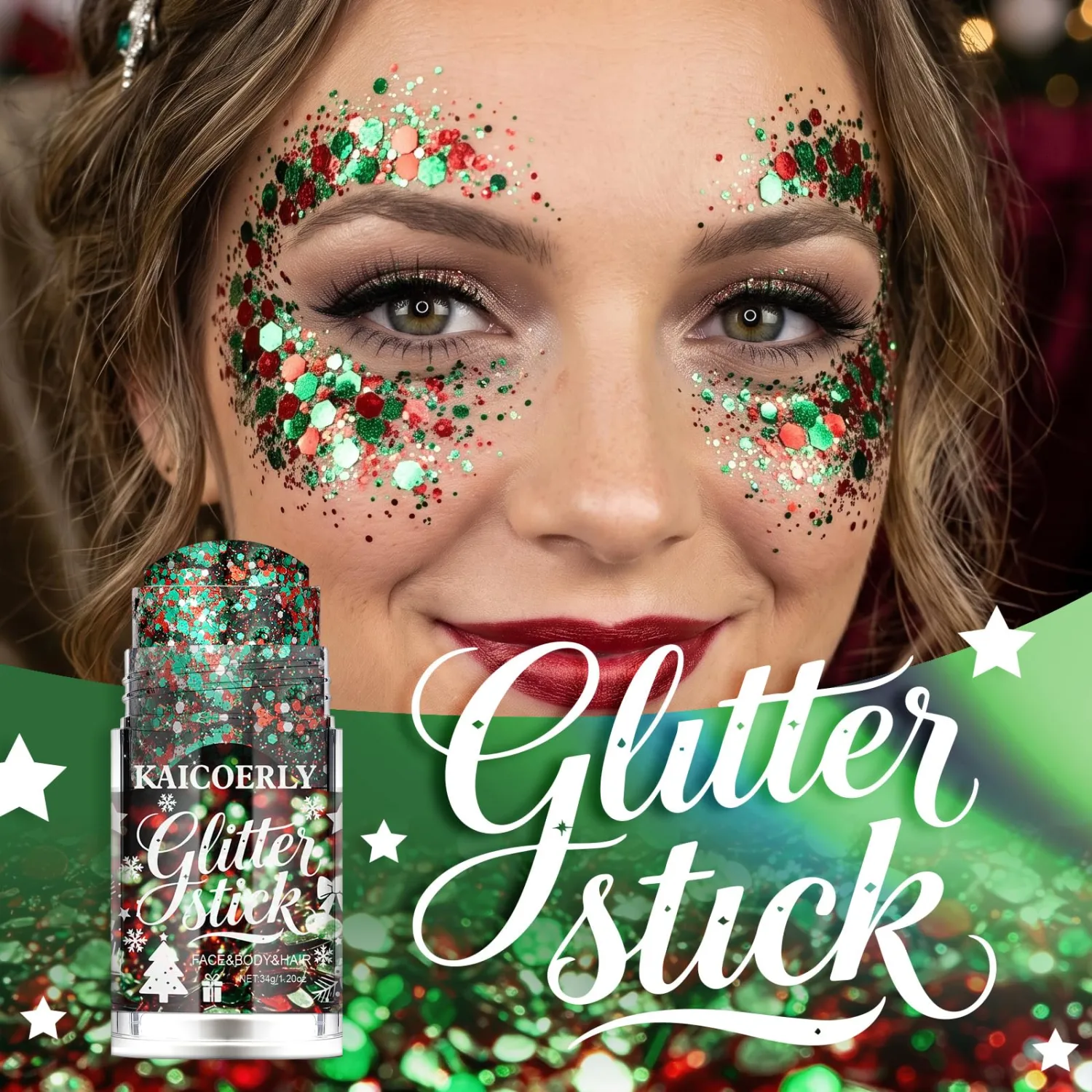 Holographic Body Glitter Stick, Shine Christmas Red Green Silver
