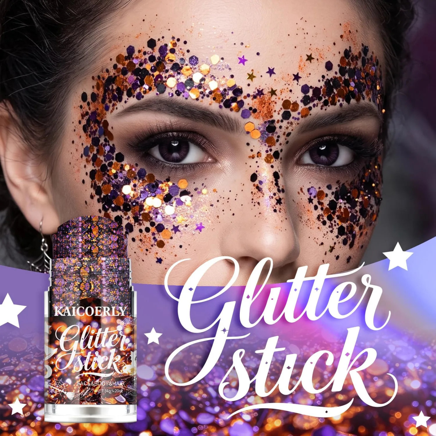 Holographic Body Glitter Stick, Halloween Black Orange Purple