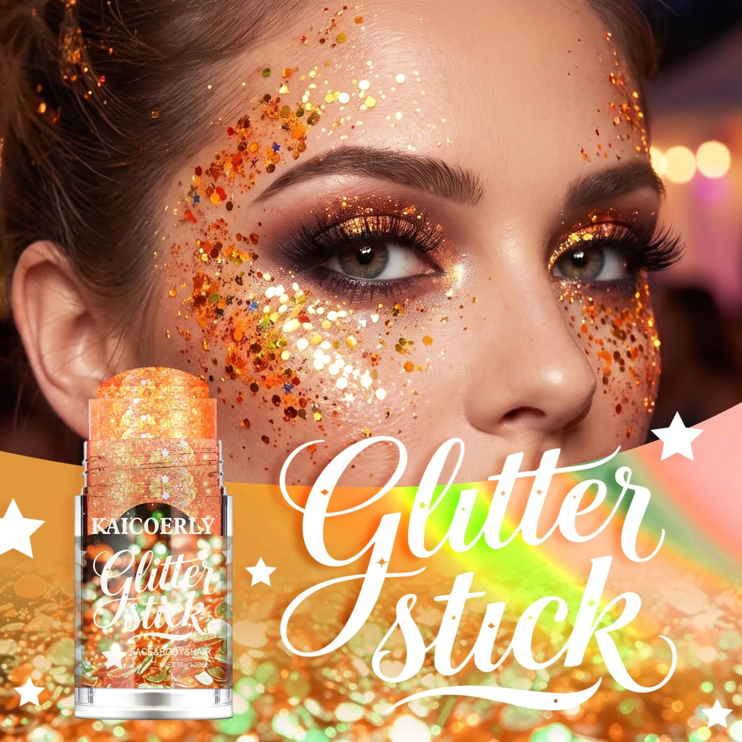 Holographic Body Glitter Stick, Sparkly Face Makeup #Orange