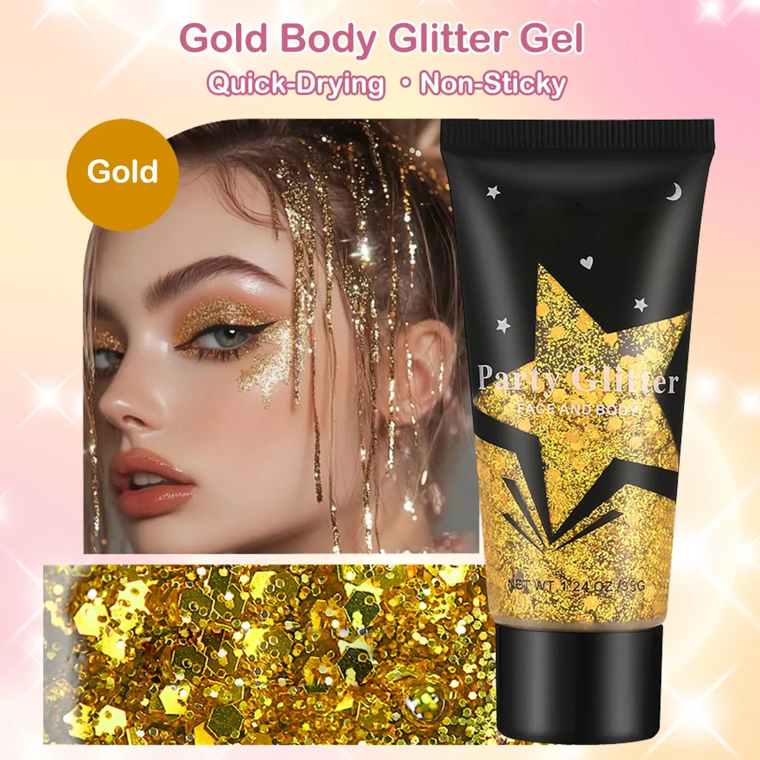 Gold Face Body Glitter Gel,Holographic Face Glitter,Chunky Glitter Gel
