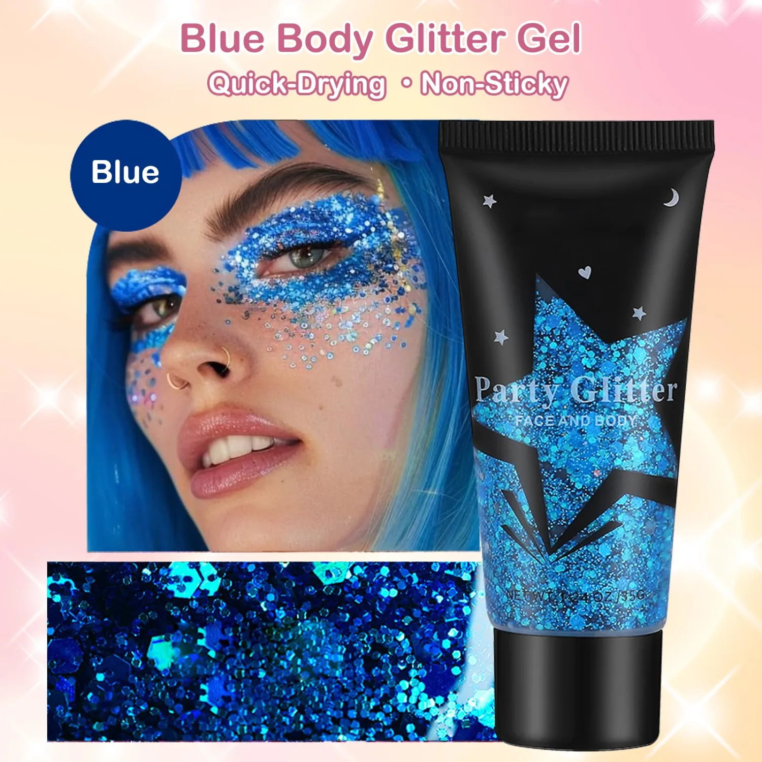 Blue Face Body Glitter Gel,Holographic Face Glitter,Chunky Glitter Gel