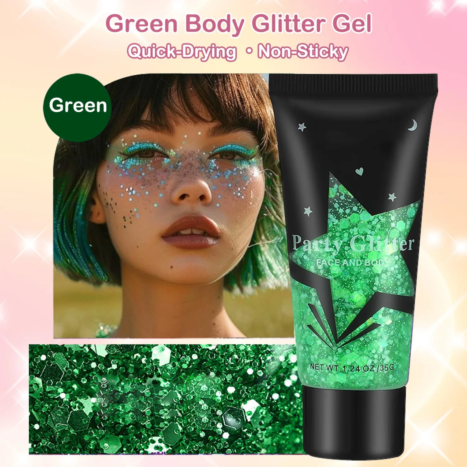 Green Face Body Glitter Gel,Holographic Face Glitter,Chunky Glitter Gel