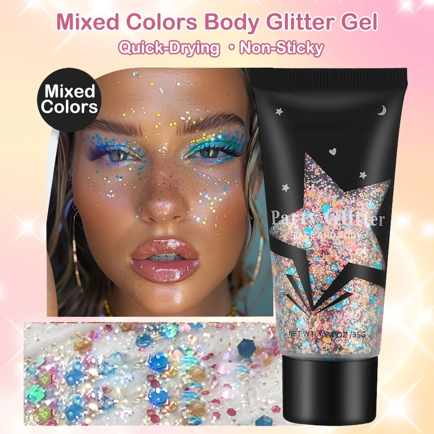 Multi-Colored Face Body Glitter Gel,Holographic Face Glitter,Chunky Glitter