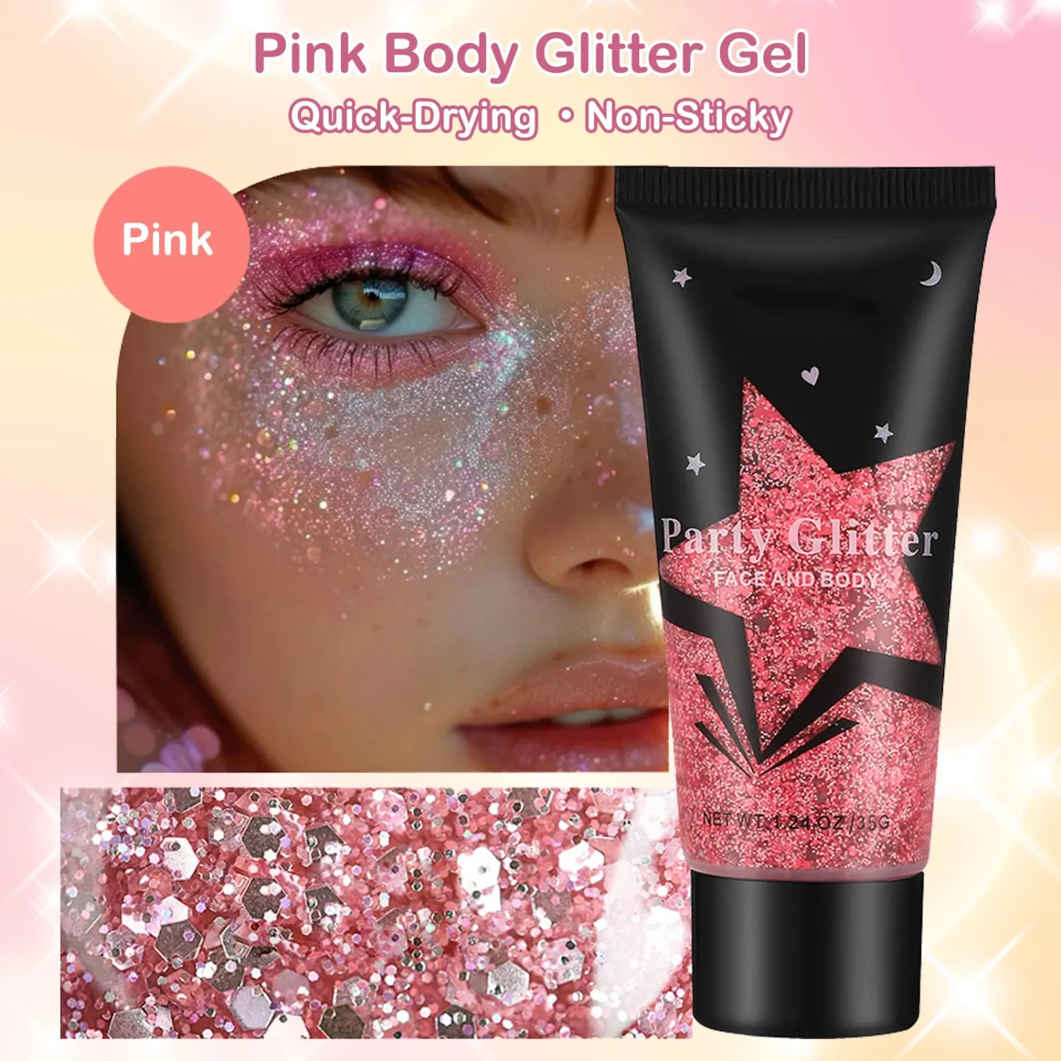 Pink Face Body Glitter Gel,Holographic Face Glitter,Chunky Glitter Gel