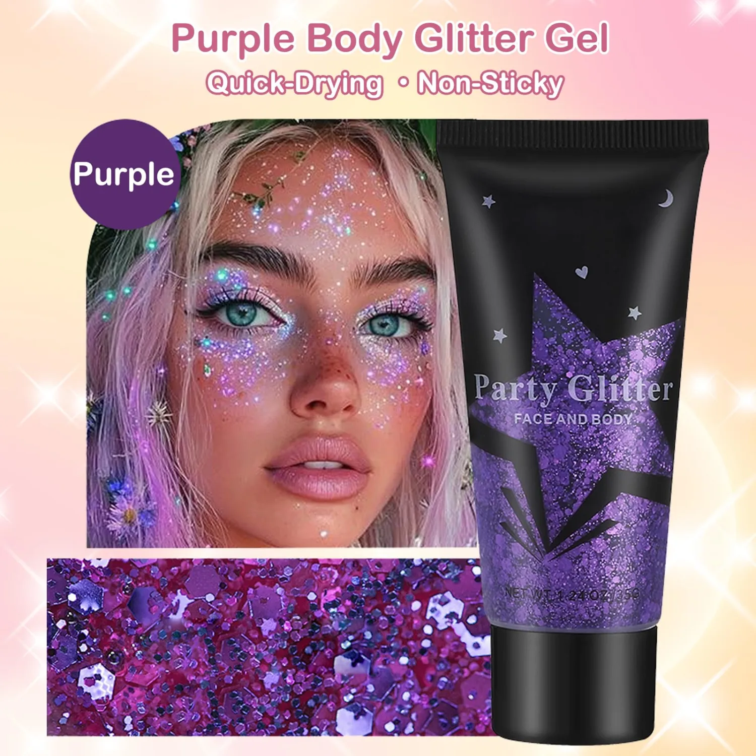 Purple Face Body Glitter Gel,Holographic Face Glitter,Chunky Glitter Gel