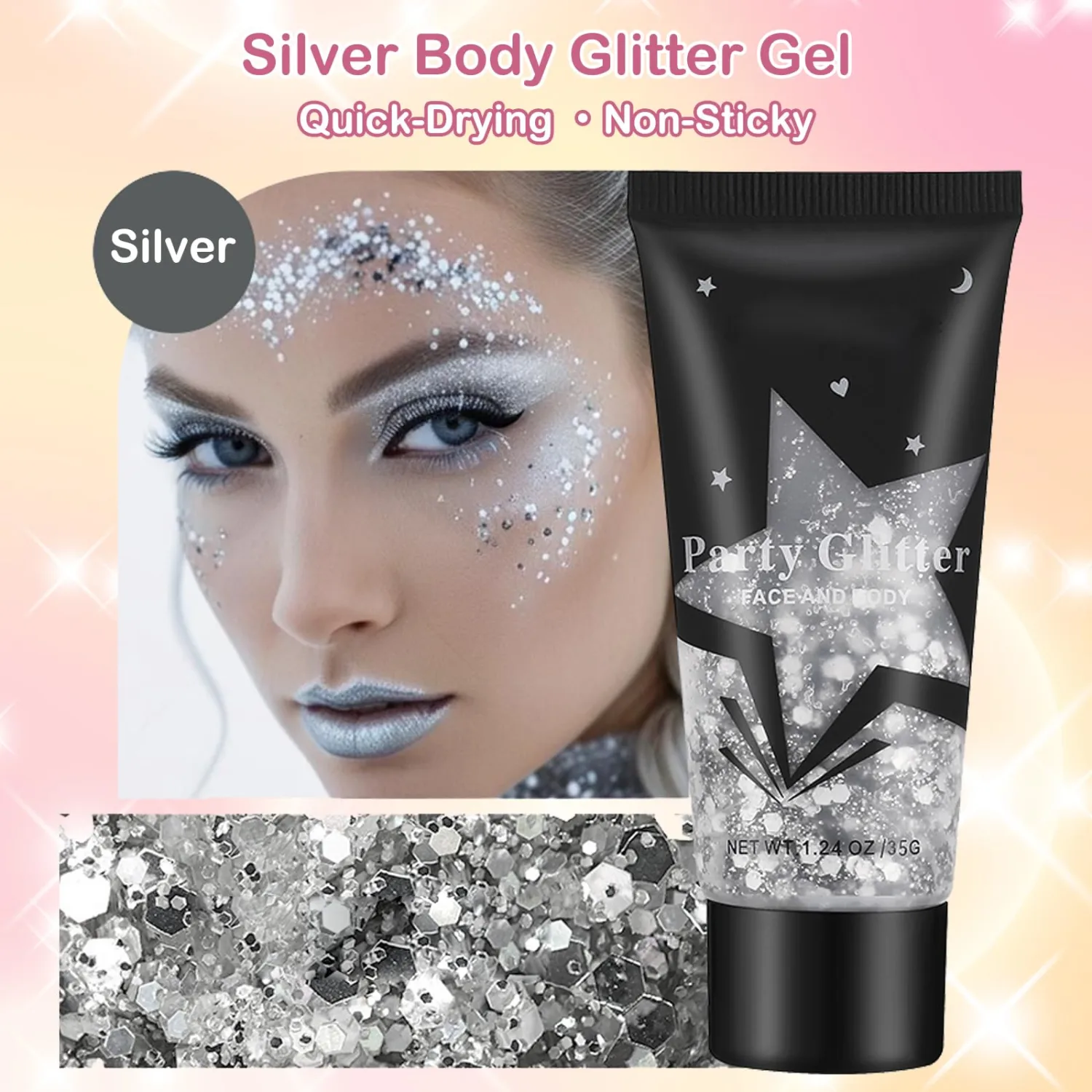 Silver Face Body Glitter Gel,Holographic Face Glitter,Chunky Glitter Gel