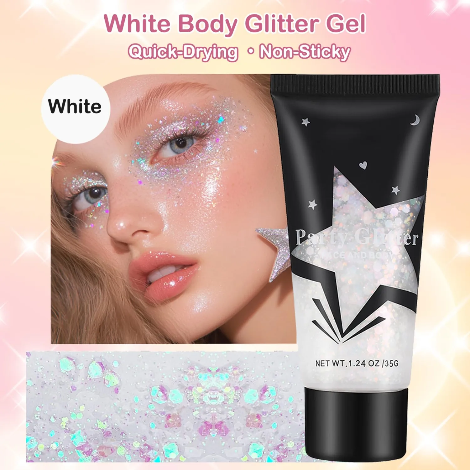 White Face Body Glitter Gel,Holographic Face Glitter,Chunky Glitter Gel