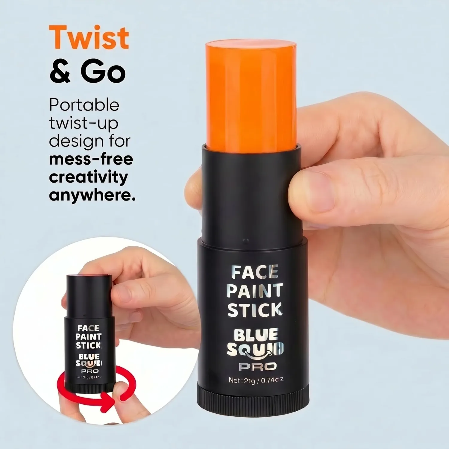 Blue Squid - XXXL - Orange Face Paint Stick PRO - Waterproof Body Paint for Adults & Kids Eye Black Baseball - Vegan Hypoallergenic Twist-Up Non-Toxic Makeup Stick for Cosplay, Sports