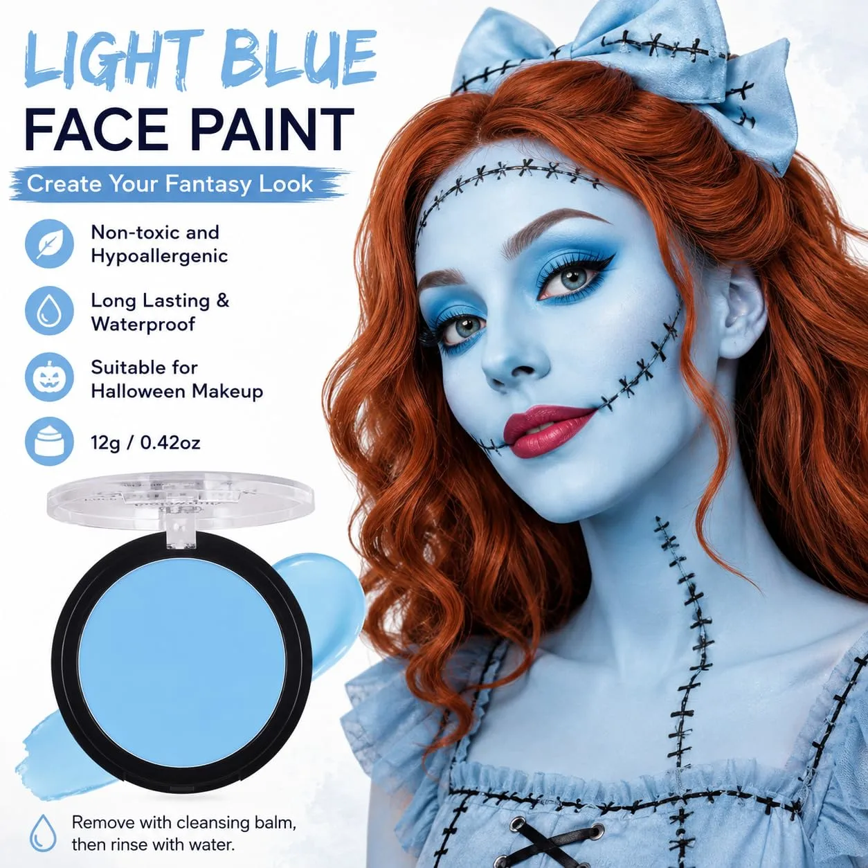 Light Blue Body Paint Cream Face Painting Foundation,Waterproof Professional Cream to Powder blue makeup,Full-coverage Oil Based SFX Halloween Avatar Sally Makeup,Costume Cosplay Party
