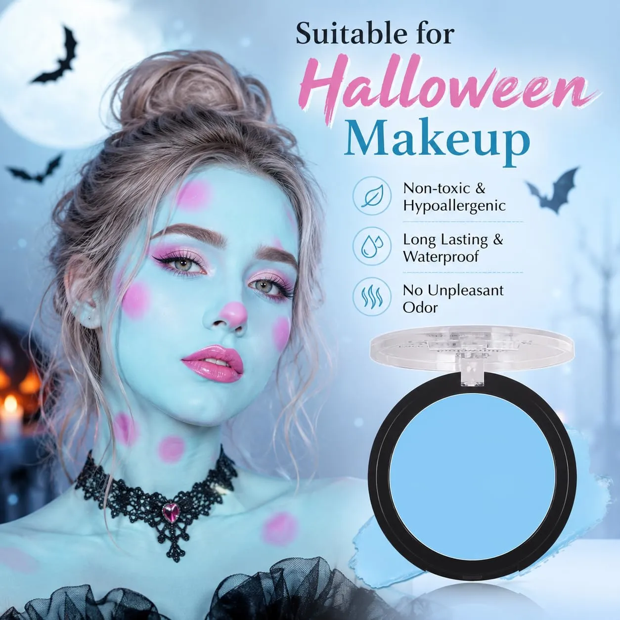 Light Blue Body Paint Cream Face Painting Foundation,Waterproof Professional Cream to Powder blue makeup,Full-coverage Oil Based SFX Halloween Avatar Sally Makeup,Costume Cosplay Party