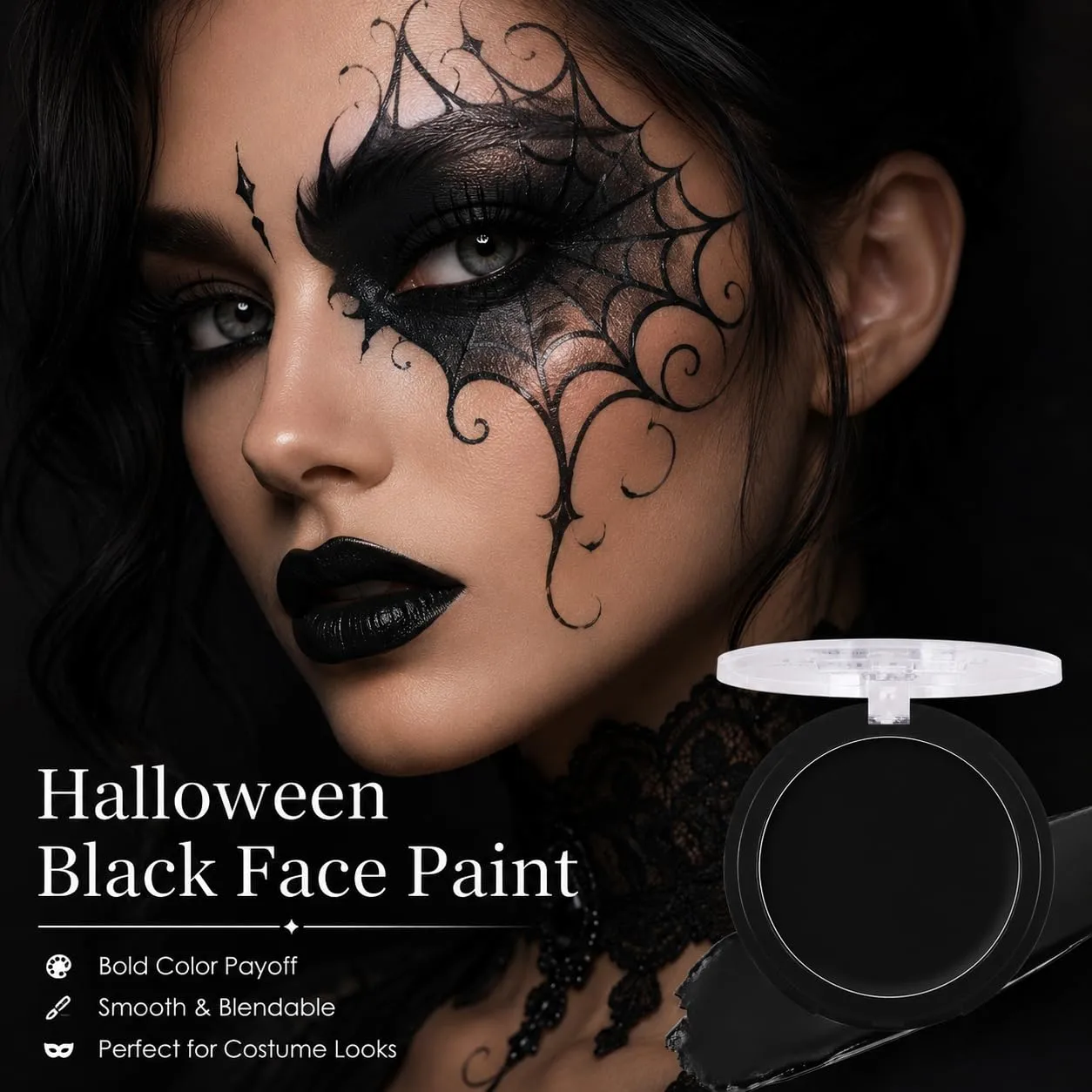 Black Face Body Paint Cream to Powder Foundation,Waterproof Oil Based Gothic Black Face Paint for Halloween,Body Paint for Cosplay, SFX, Emo, Clown, Zombie, Vampire, Theater, Film,Skeleton