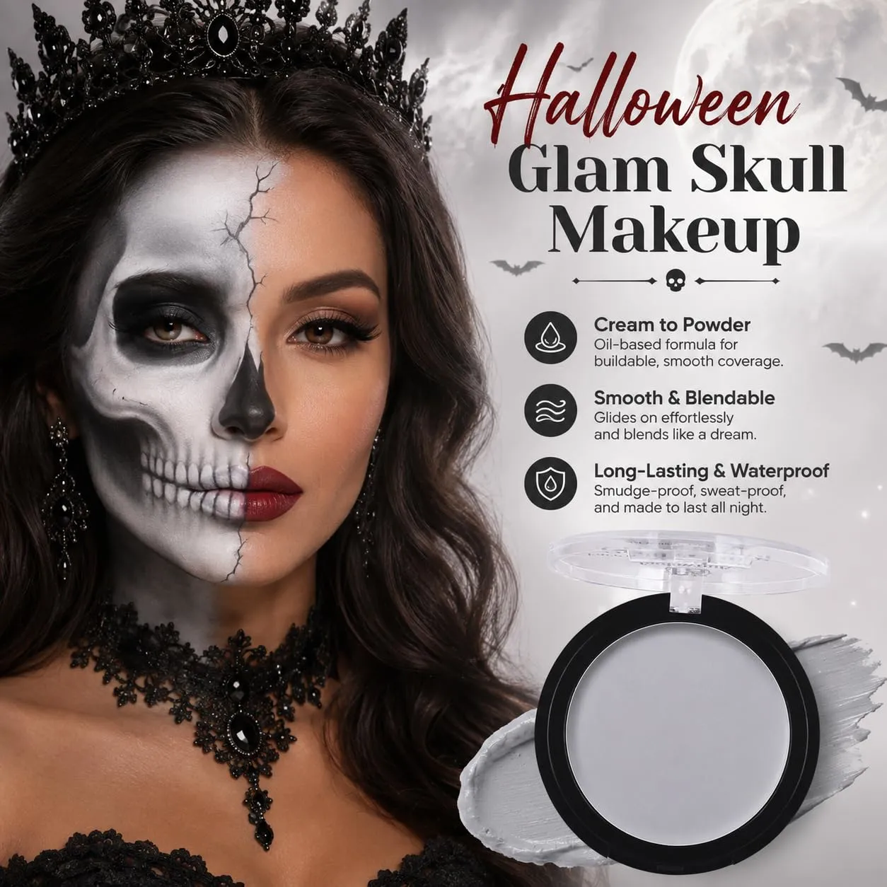 Grey Face Body Paint Cream Foundation Waterproof,Non-Toxic Blendable Oil Based Grey Face Paint, Halloween SFX Skeleton Ghost Goth Cosplay Makeup for Adult Costume Party