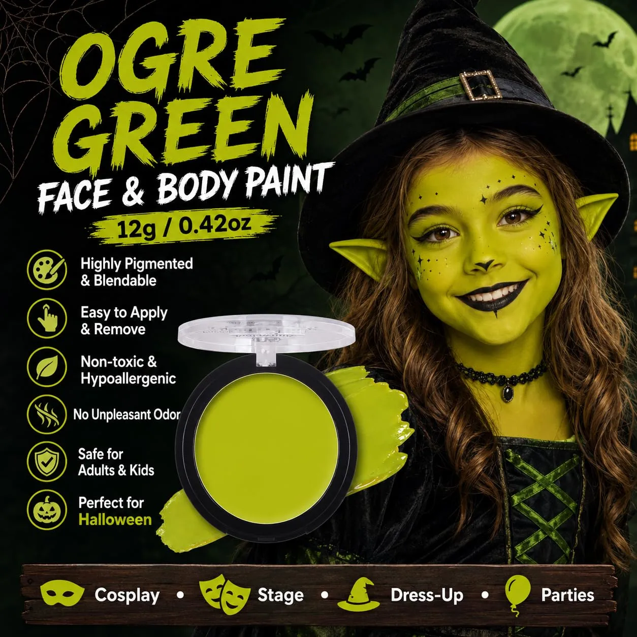 Ogre Green Body Face Paint Cream Blendable Oil Based Foundation,Non-Toxic Waterproof Halloween FX Makeup Monster Witch Elphaba Costume for Adults & Kids Goblin cosplay