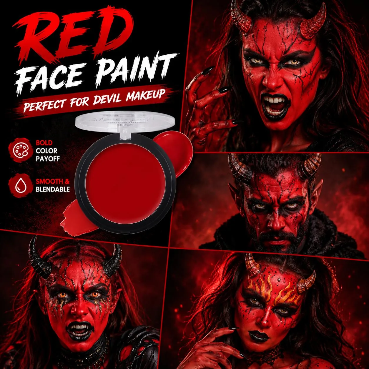 Red Cream to Powder Foundation Face Body Painting, Waterproof Oil Based Red Face Paint for Halloween SFX Vampire Zombie Devil Clown Cosplay Makeup for Adult Costume Party & Carnival
