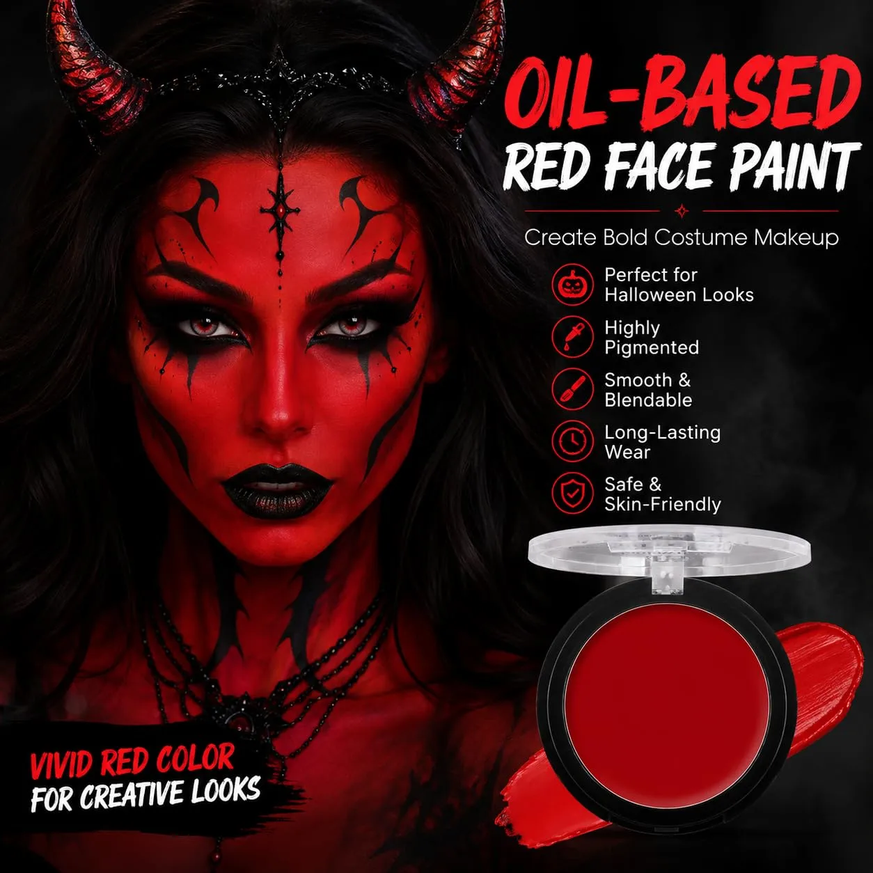 Red Cream to Powder Foundation Face Body Painting, Waterproof Oil Based Red Face Paint for Halloween SFX Vampire Zombie Devil Clown Cosplay Makeup for Adult Costume Party & Carnival