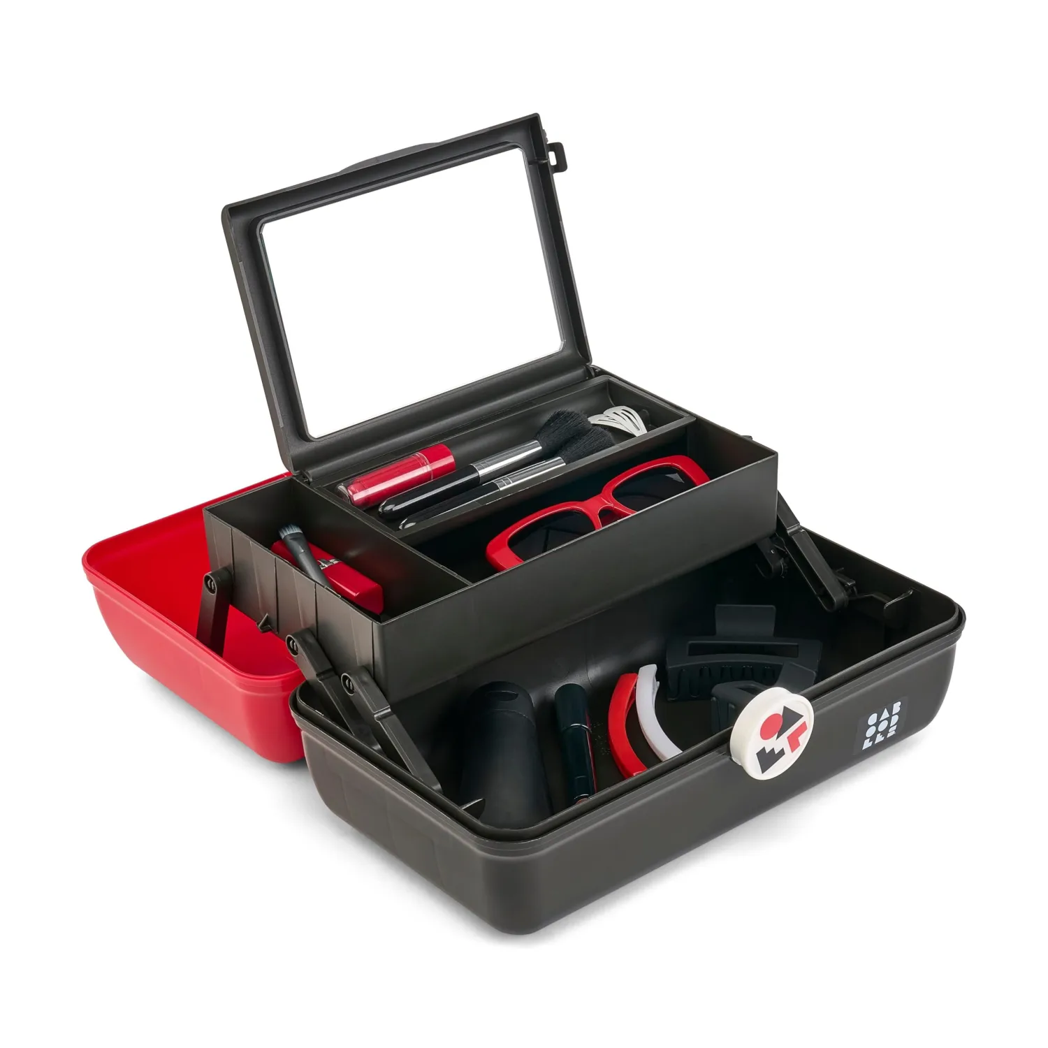 Caboodles School Spirit On-The-Go Girl Makeup Box, Red Over Black, Hard Plastic Makeup Organizer Box, Built-In Mirror, Secure Latch for Safe Travel, Spacious Storage for Large Items