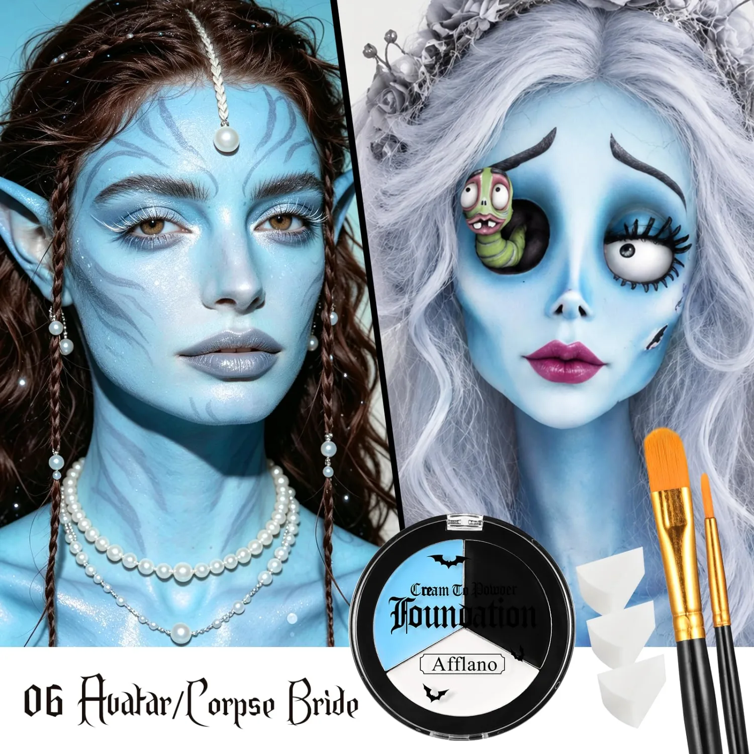 Black White Light Blue Face & Body Paint Kit - Halloween SFX Makeup 6Pc #06