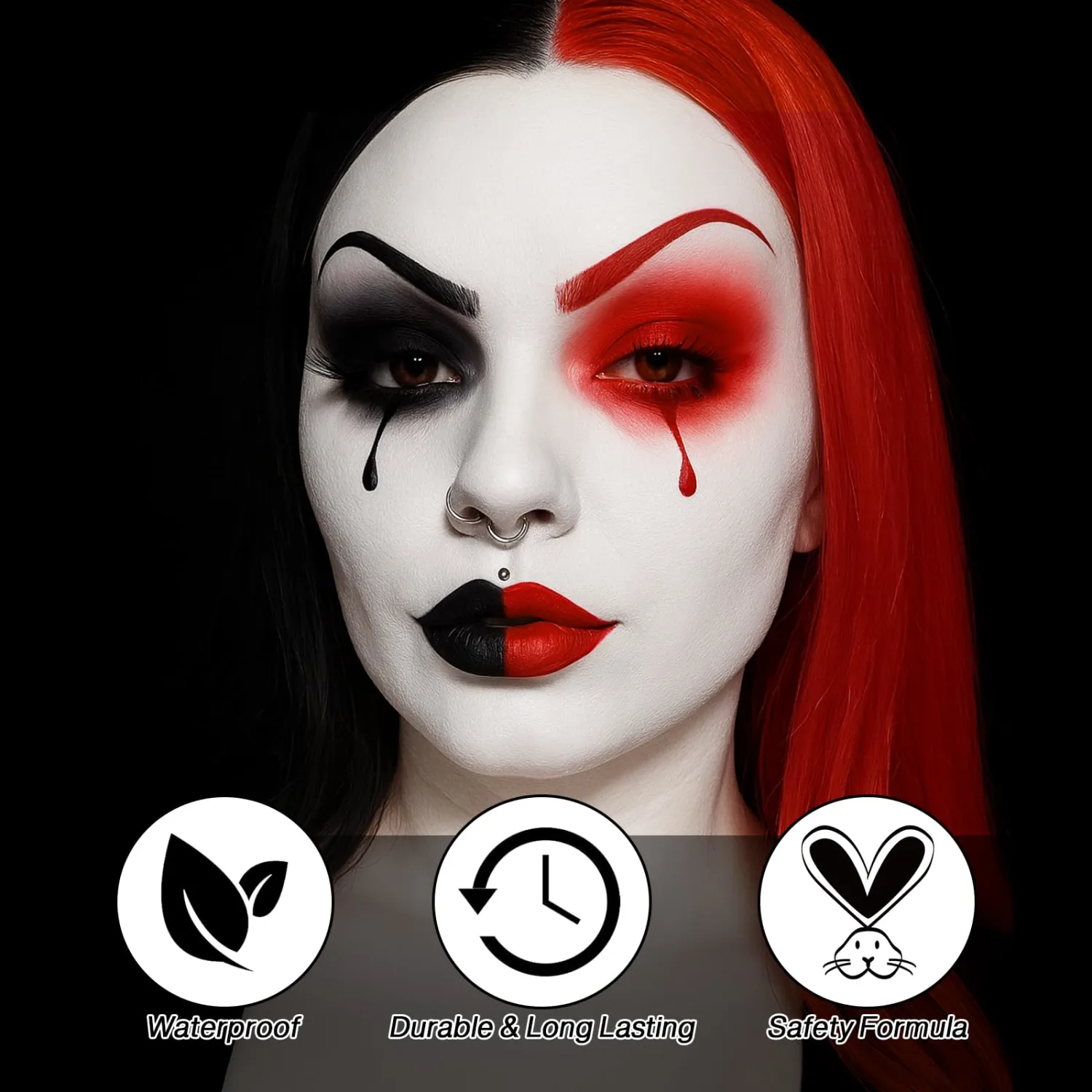 Black White Red Face & Body Paint Kit - Halloween SFX Makeup 6Pcs #02