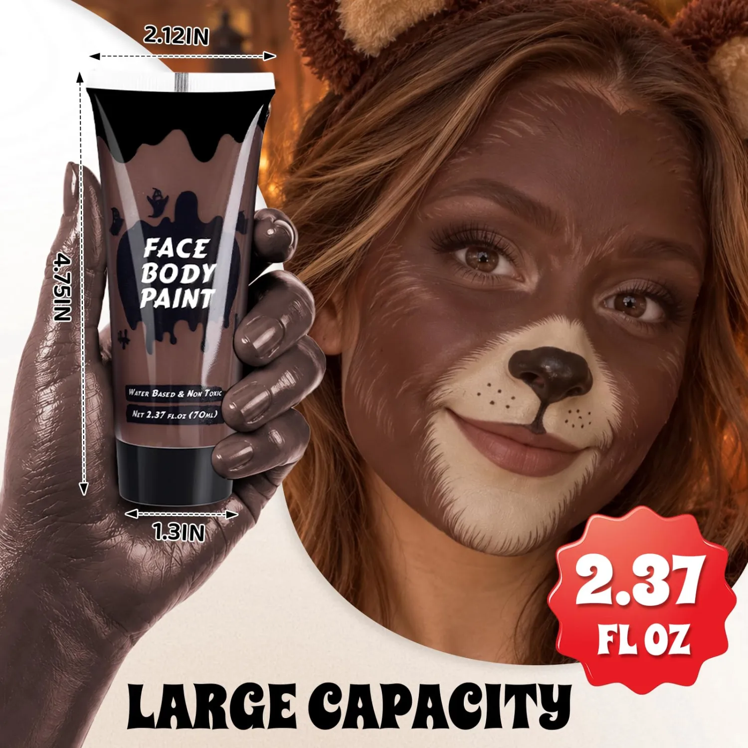 Brown Cream Face Body Paint,Full-Coverage Washable 2.37 Oz Large TubeWater