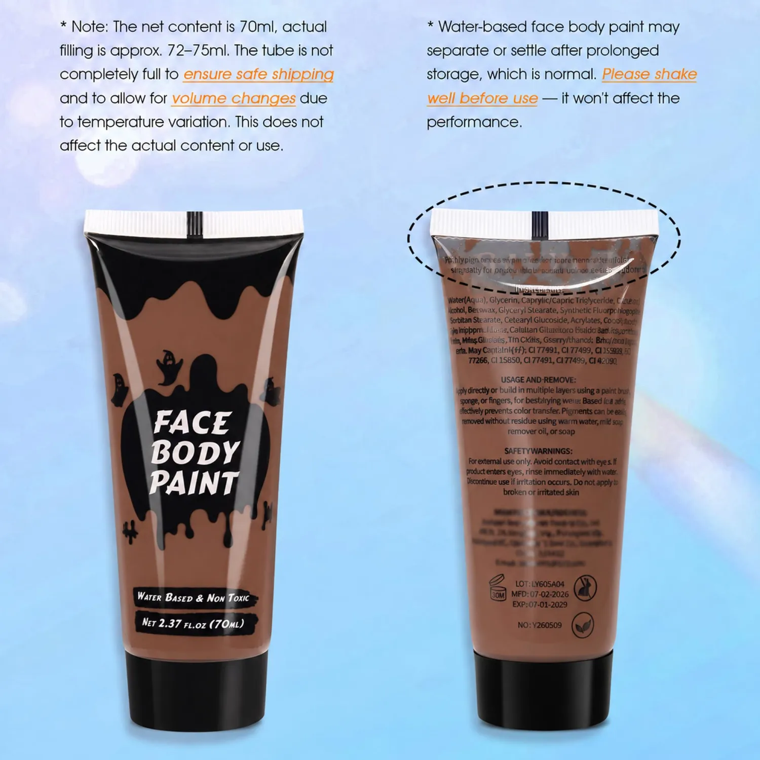 Brown Cream Face Body Paint,Full-Coverage Washable 2.37 Oz Large TubeWater