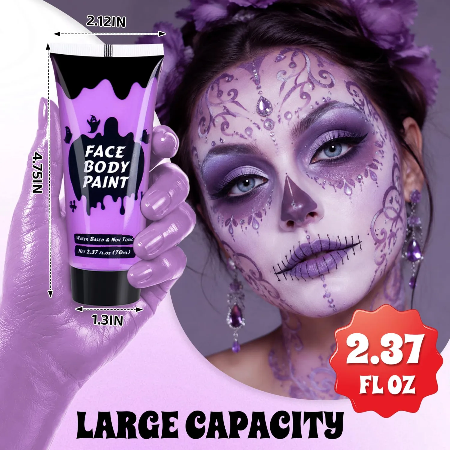 Purple Cream Face Body Paint,Full-Coverage Washable 2.37 Oz Large Tube