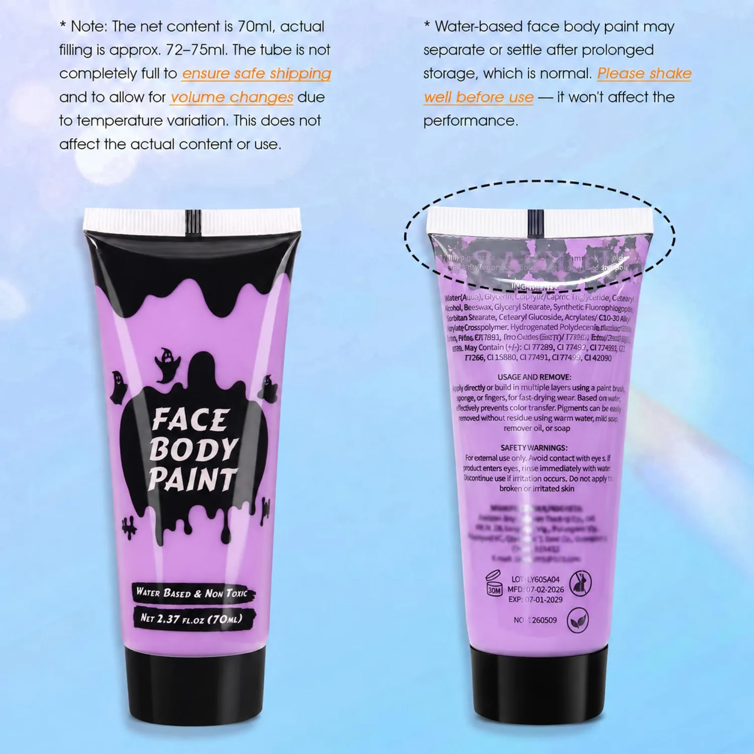 Purple Cream Face Body Paint,Full-Coverage Washable 2.37 Oz Large Tube