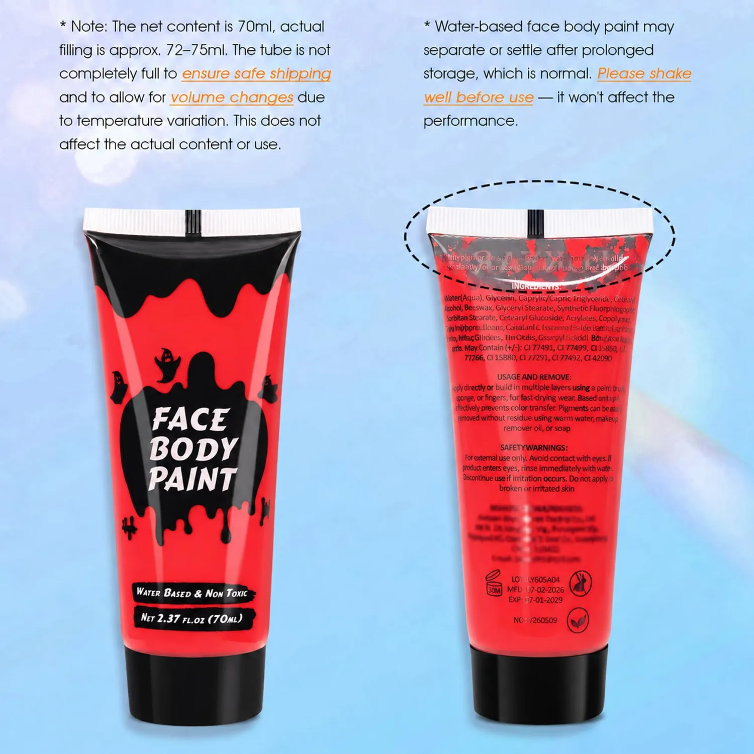 Devil Red Cream Face Body Paint, Full-Coverage Washable 2.37 Oz Large Tube