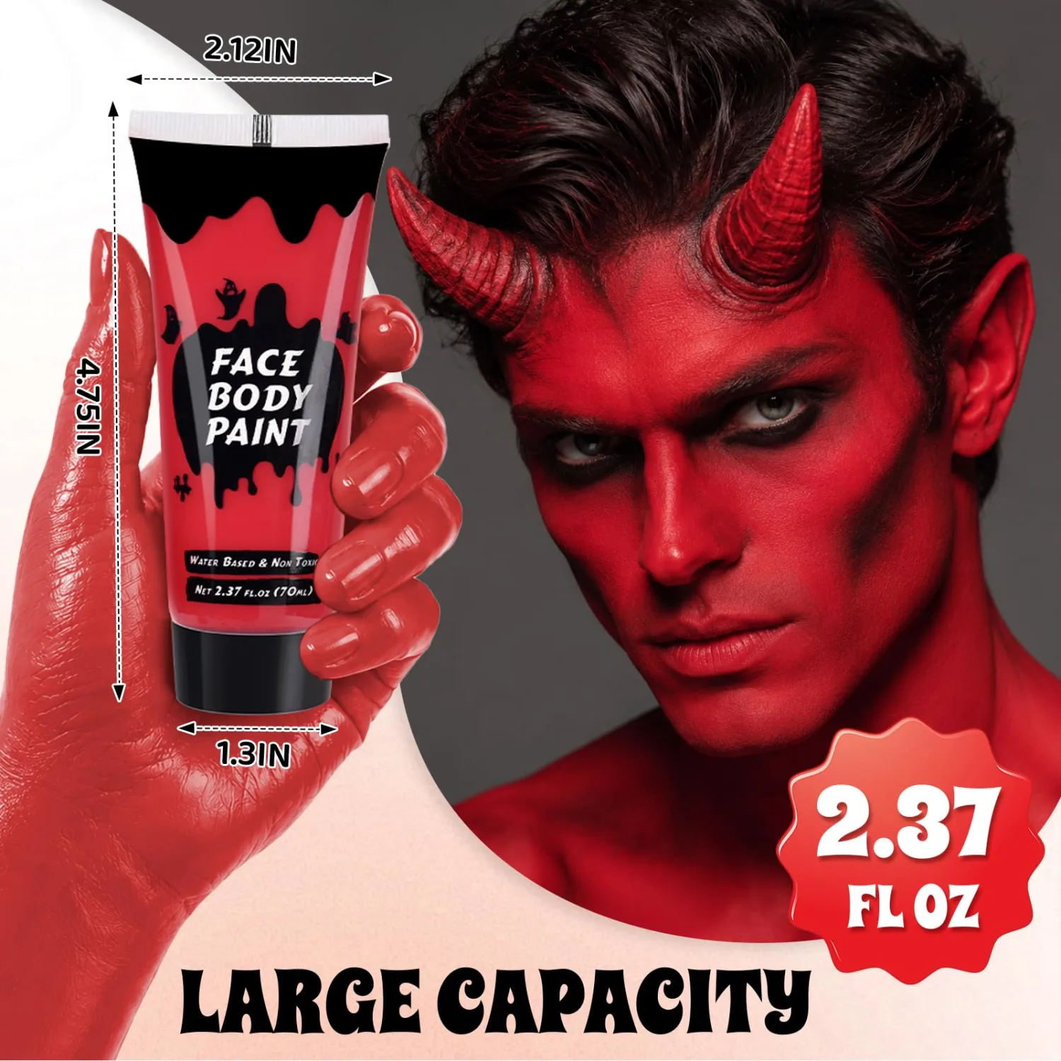 Devil Red Cream Face Body Paint, Full-Coverage Washable 2.37 Oz Large Tube