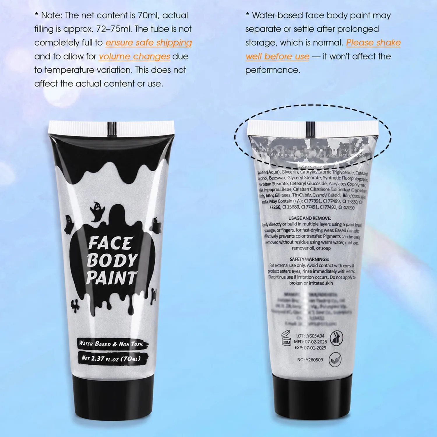 Silver Cream Face Body Paint,Full-Coverage Washable 2.37 Oz Large Tube
