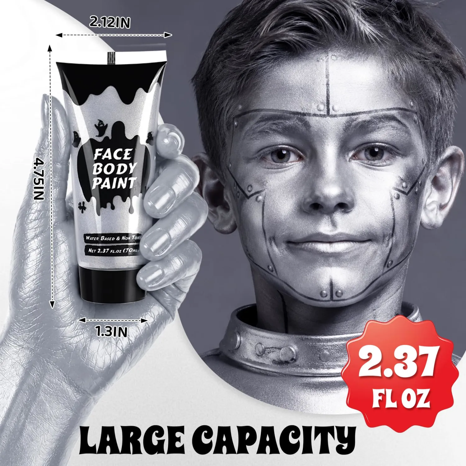 Silver Cream Face Body Paint,Full-Coverage Washable 2.37 Oz Large Tube