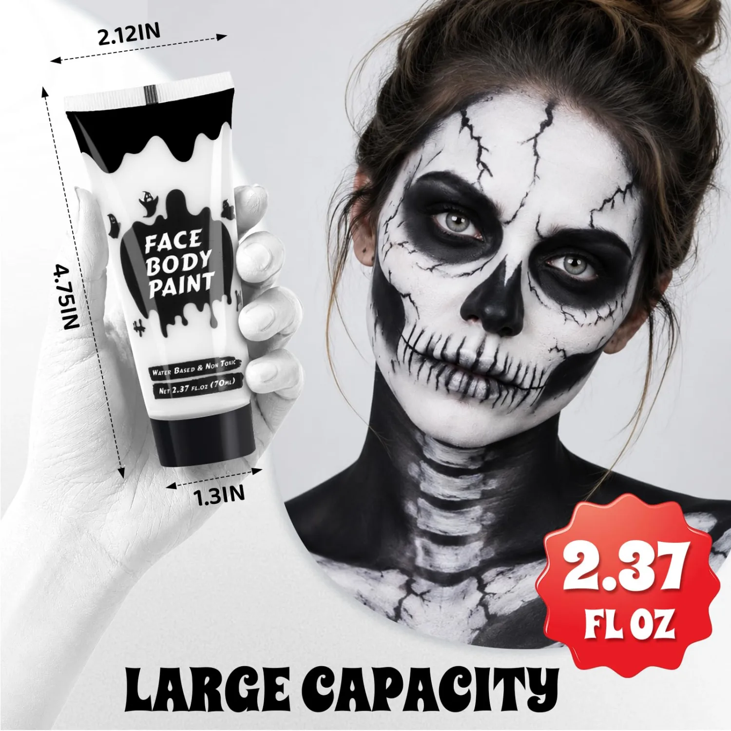 White Cream Face Body Paint, Washable 2.37 Oz Large Tube