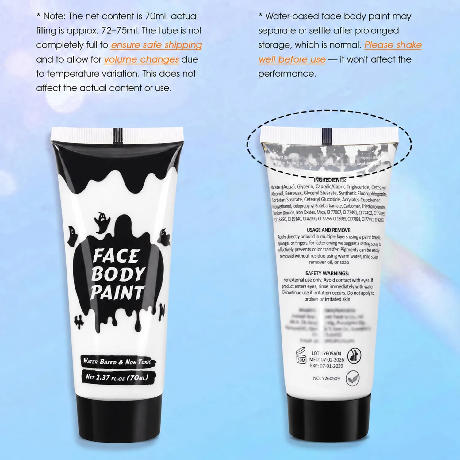 White Cream Face Body Paint, Washable 2.37 Oz Large Tube
