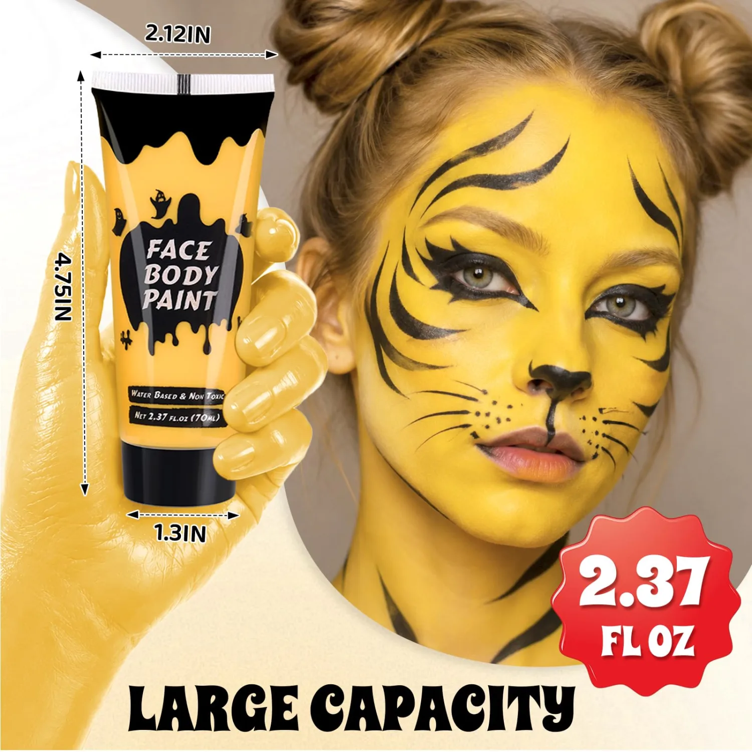 Yellow Cream Face Body Paint,Full-Coverage Washable 2.37 Oz Large Tube