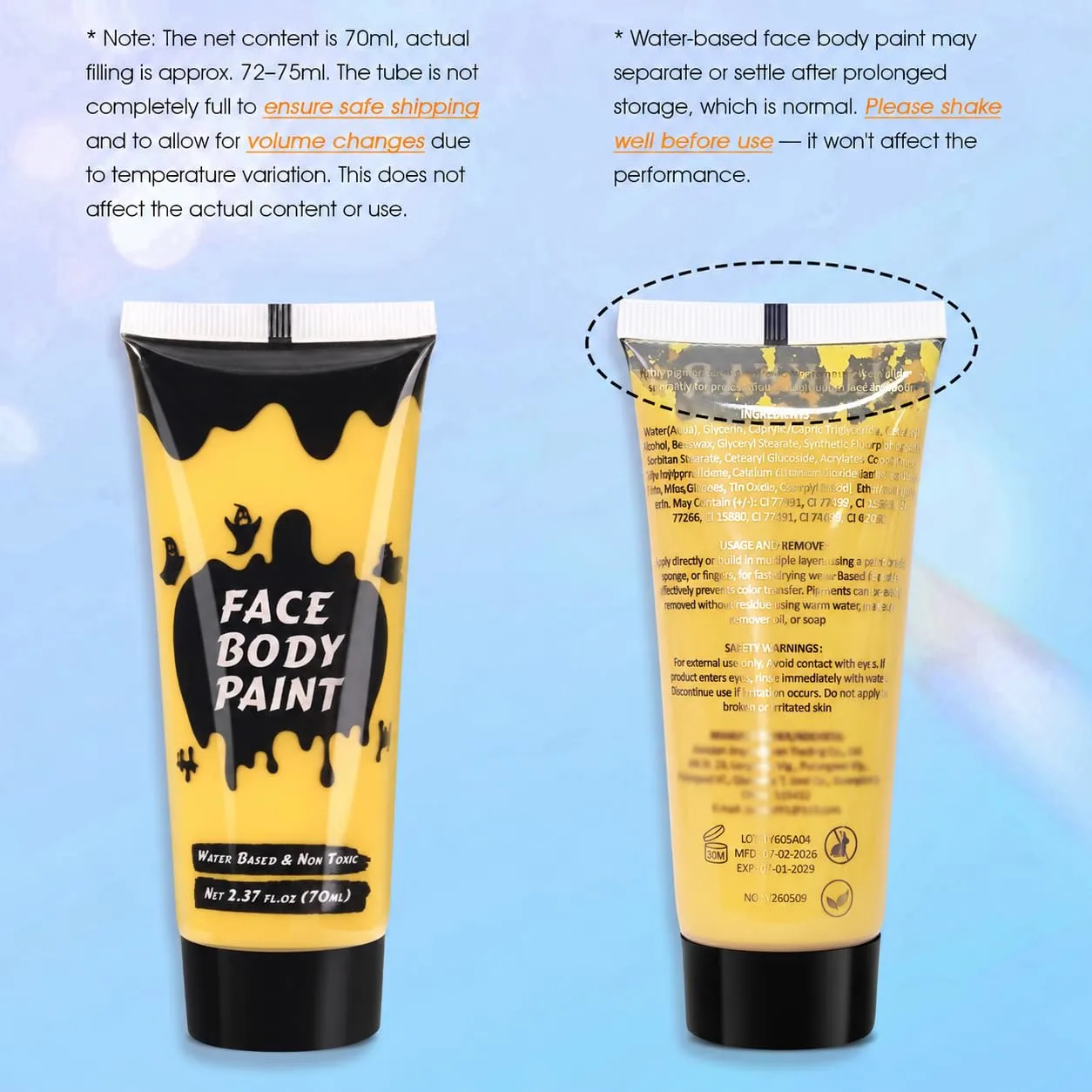 Yellow Cream Face Body Paint,Full-Coverage Washable 2.37 Oz Large Tube
