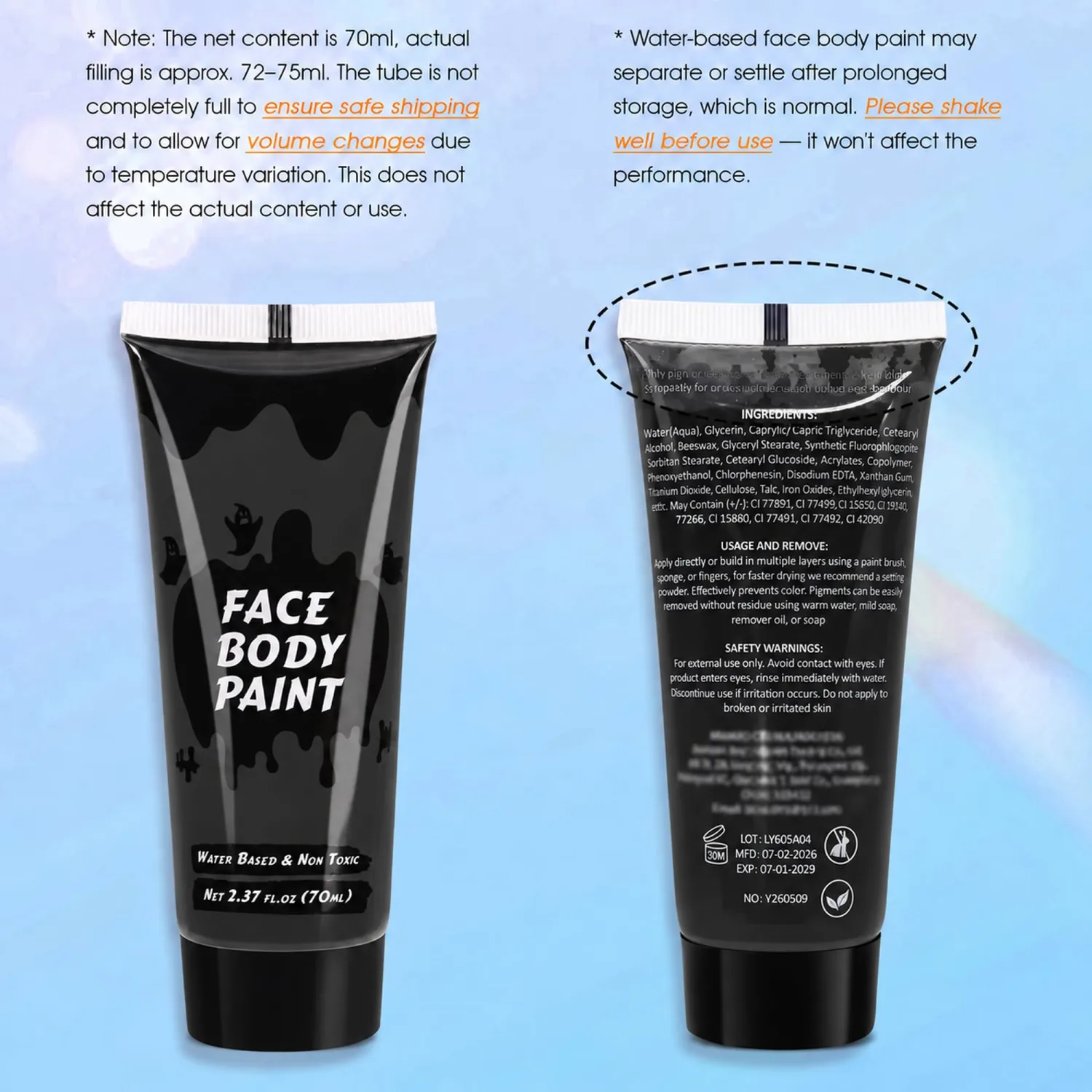 Black Cream Face Body Paint, Full-Coverage Washable 2.37 Oz Large Tube