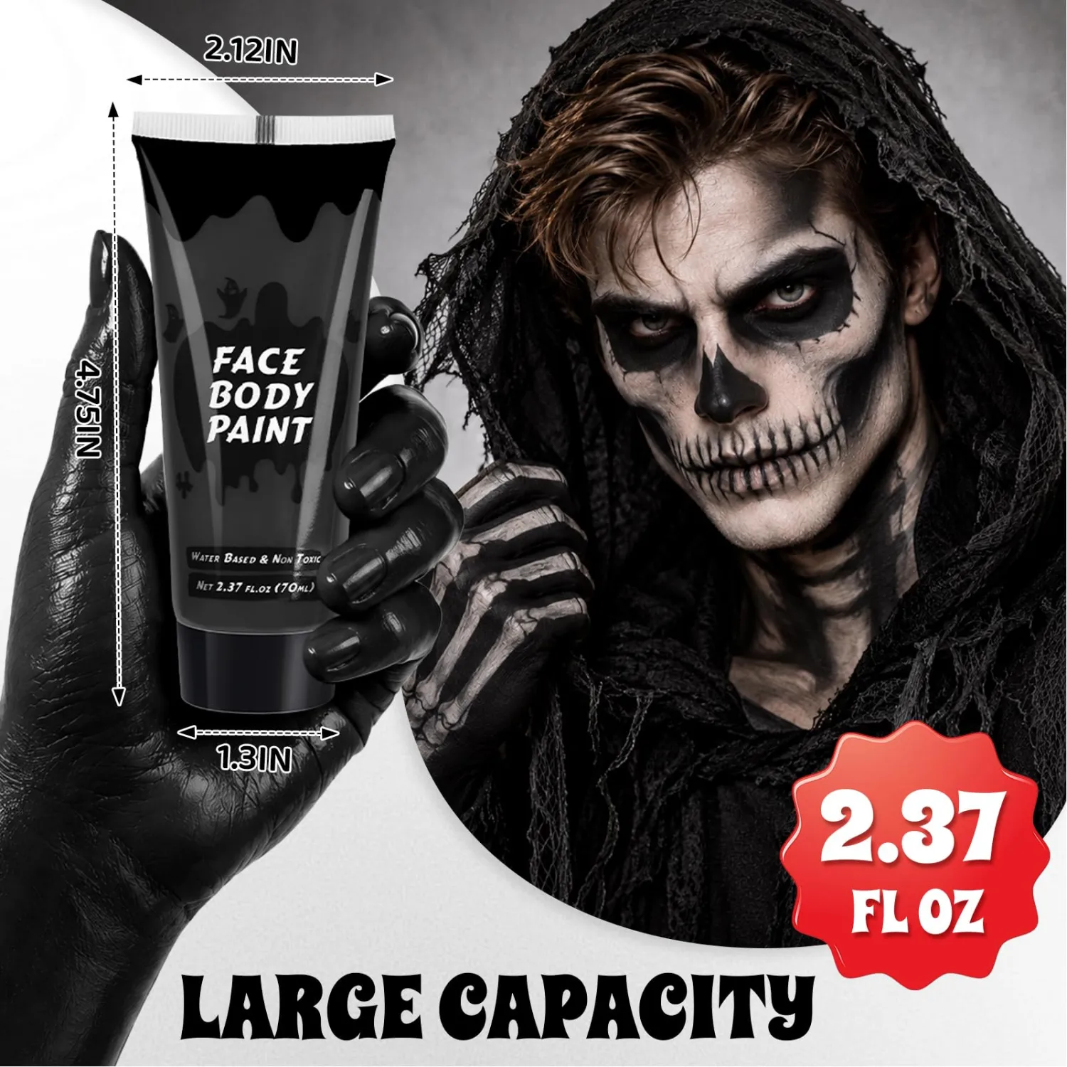 Black Cream Face Body Paint, Full-Coverage Washable 2.37 Oz Large Tube