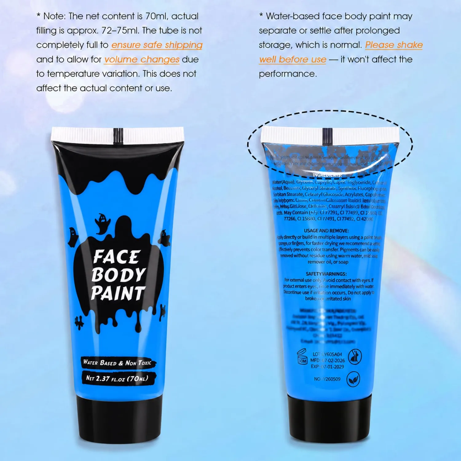 Blue Cream Face Body Paint, Full-Coverage Washable 2.37 Oz Large Tube