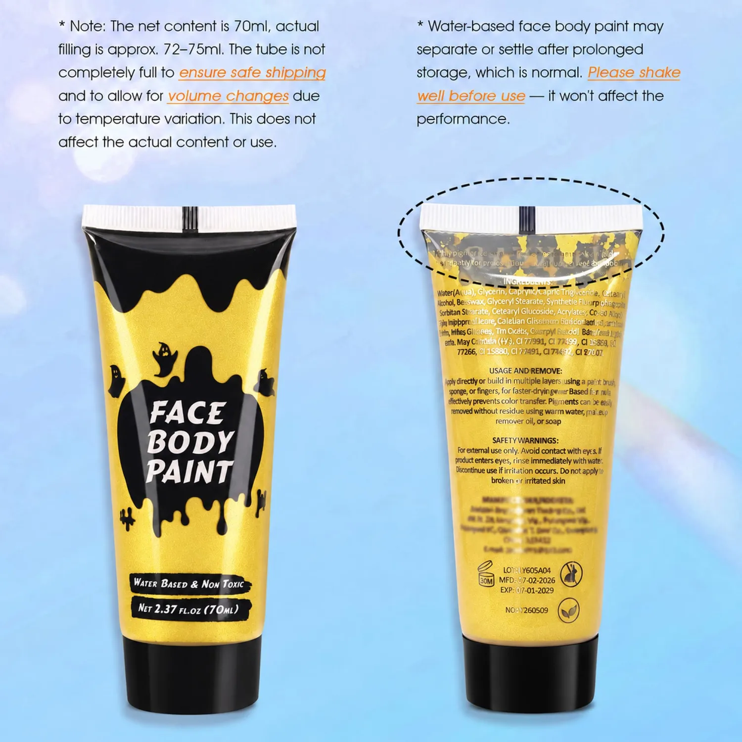 Gold Cream Face Body Paint,Full-Coverage Washable 2.37 Oz Large Tube