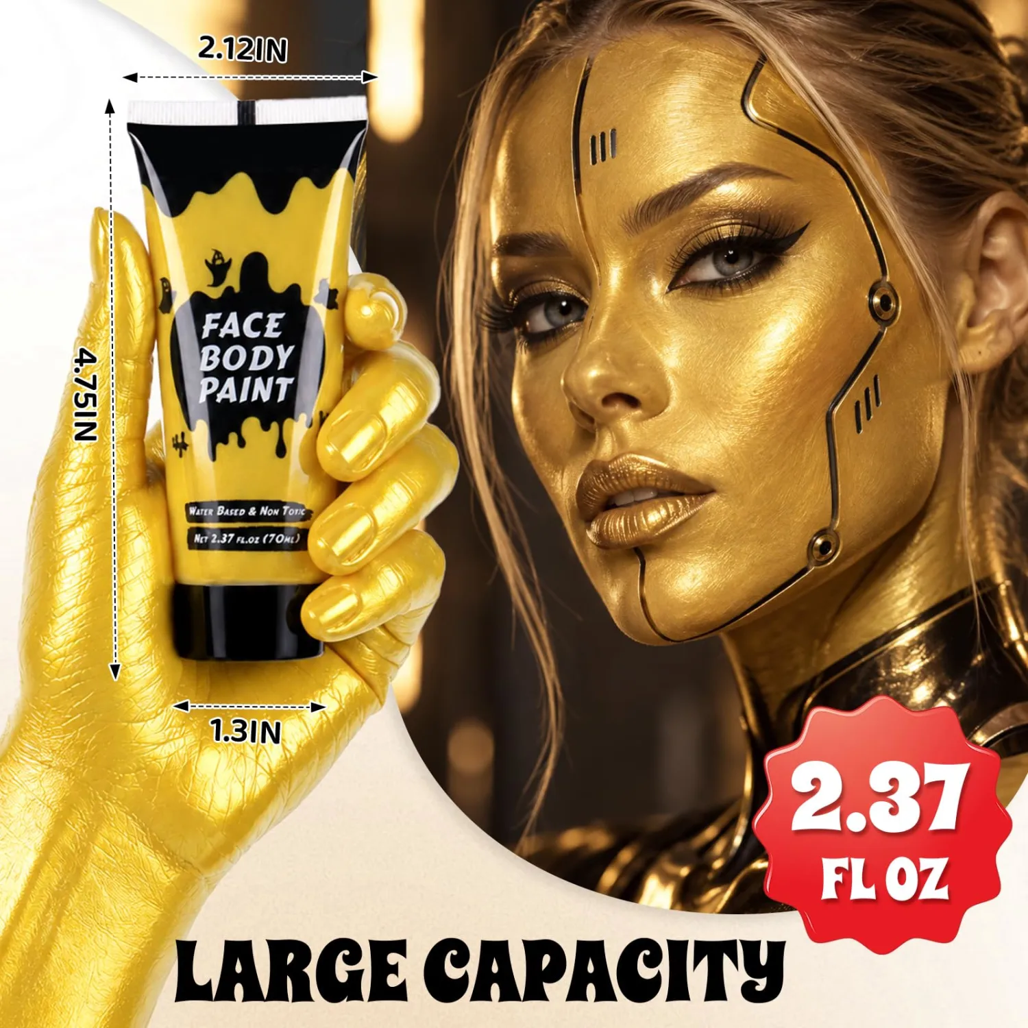 Gold Cream Face Body Paint,Full-Coverage Washable 2.37 Oz Large Tube