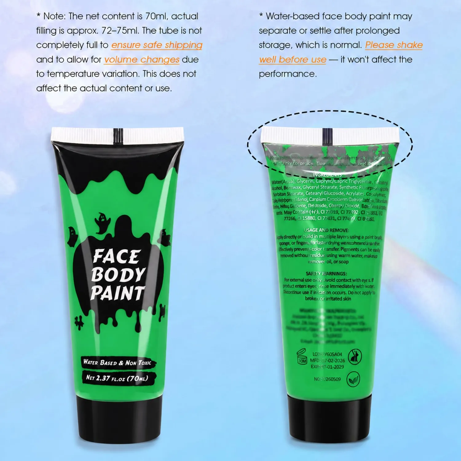 Green Cream Face Body Paint, Full-Coverage Washable 2.37 Oz Large Tube