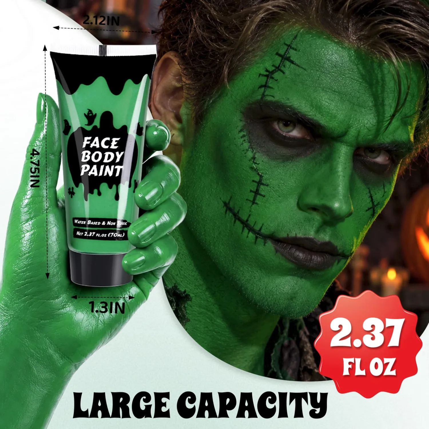Green Cream Face Body Paint, Full-Coverage Washable 2.37 Oz Large Tube