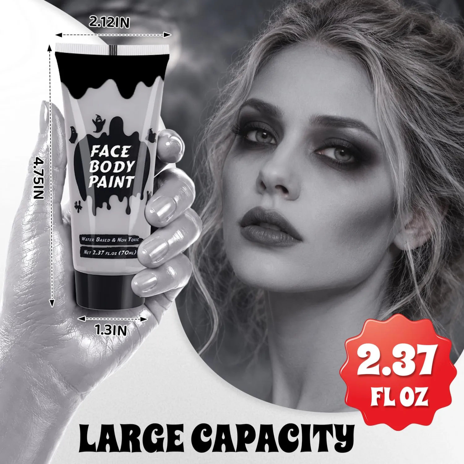 Gray Cream Face Body Paint,Full-Coverage Washable 2.37 Oz Large Tube
