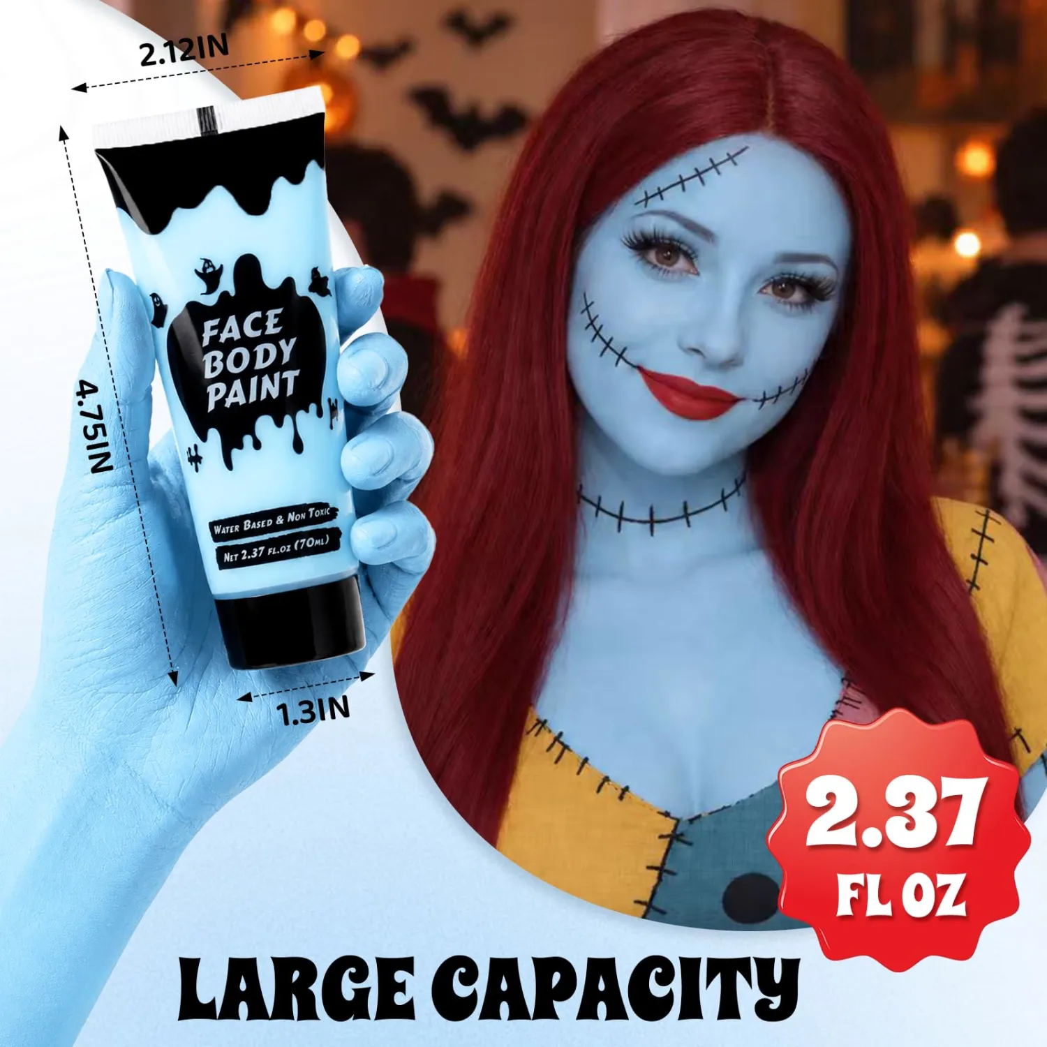 Light Blue Cream Face Body Paint,Full-Coverage Washable 2.37 Oz Large Tube