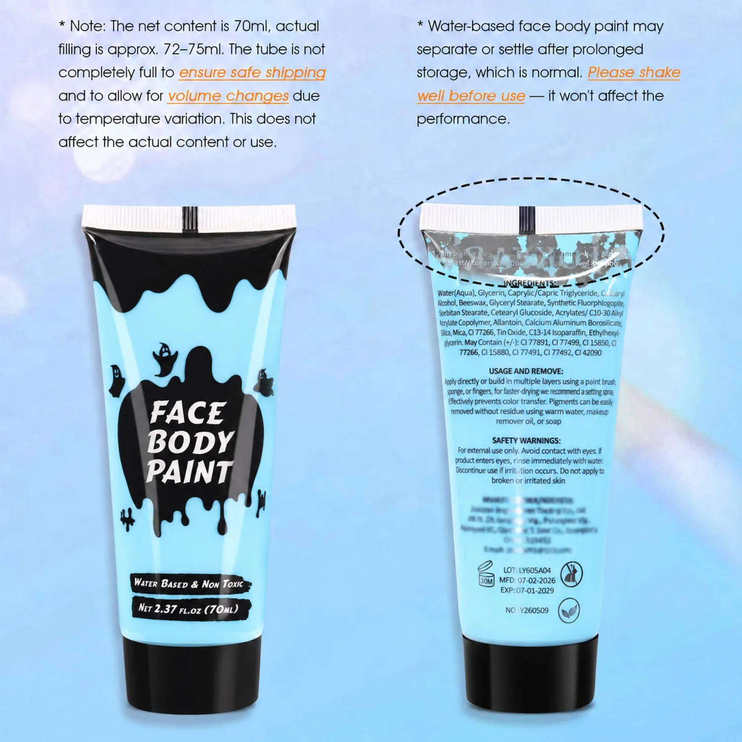 Light Blue Cream Face Body Paint,Full-Coverage Washable 2.37 Oz Large Tube