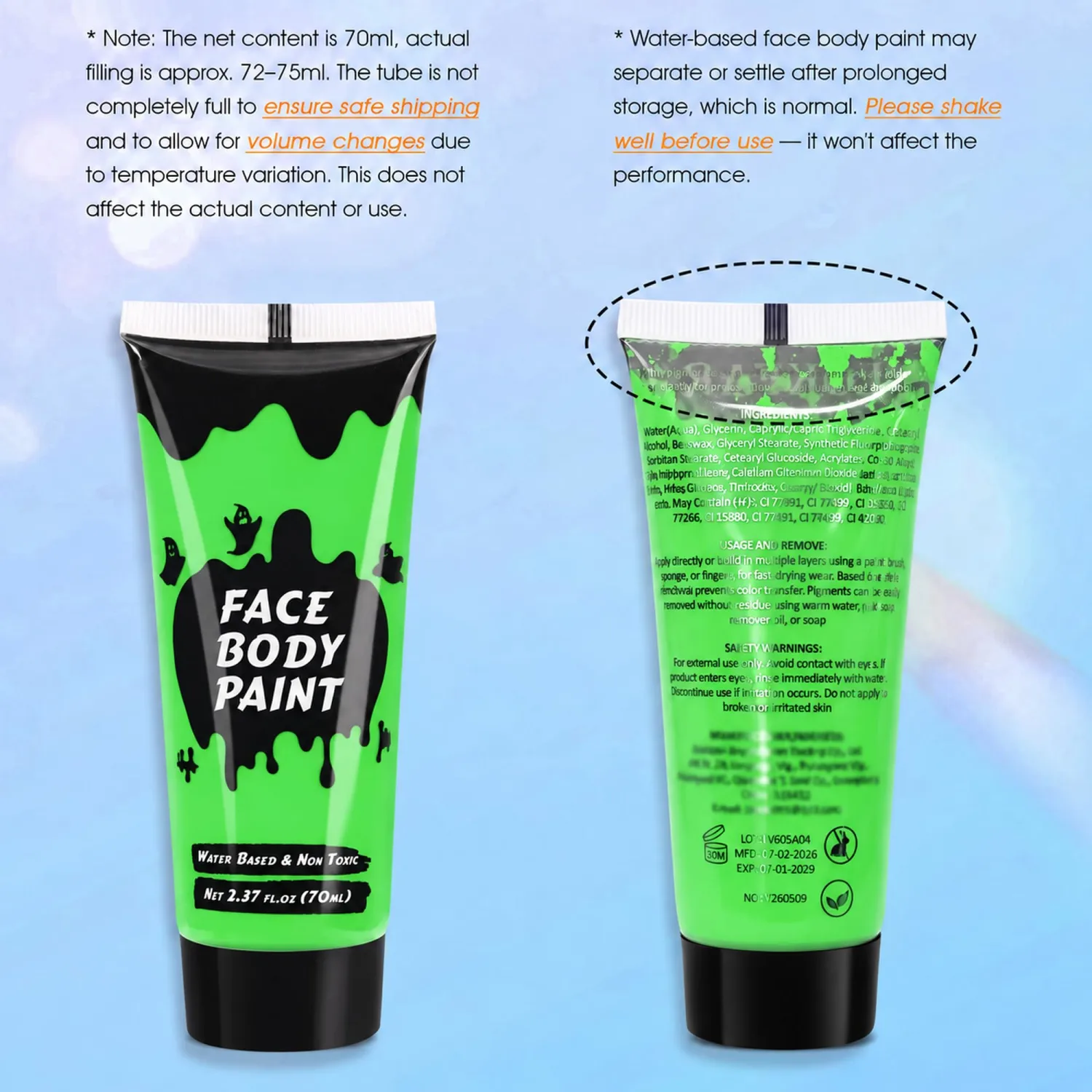 Light Green Cream Face Body Paint,Full-Coverage Washable 2.37 Oz Large Tube