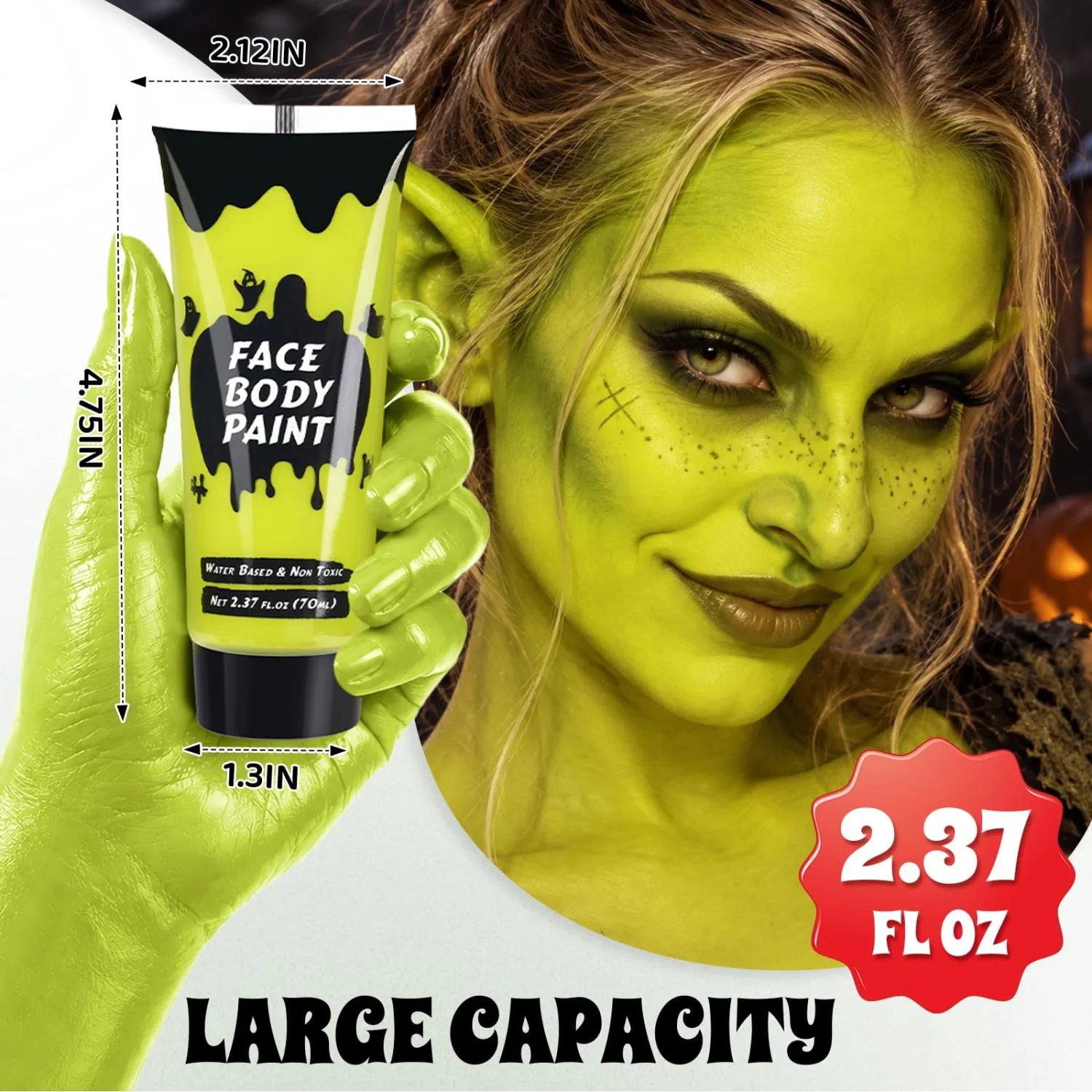 Ogre Green Cream Face Body Paint, Full-Coverage Washable 2.37 Oz Large Tube